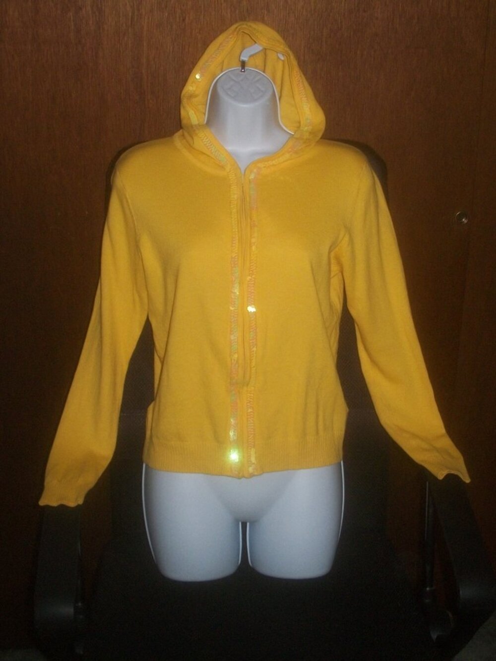 womens zipper hooded sequin sweater yellow soft stretch size small